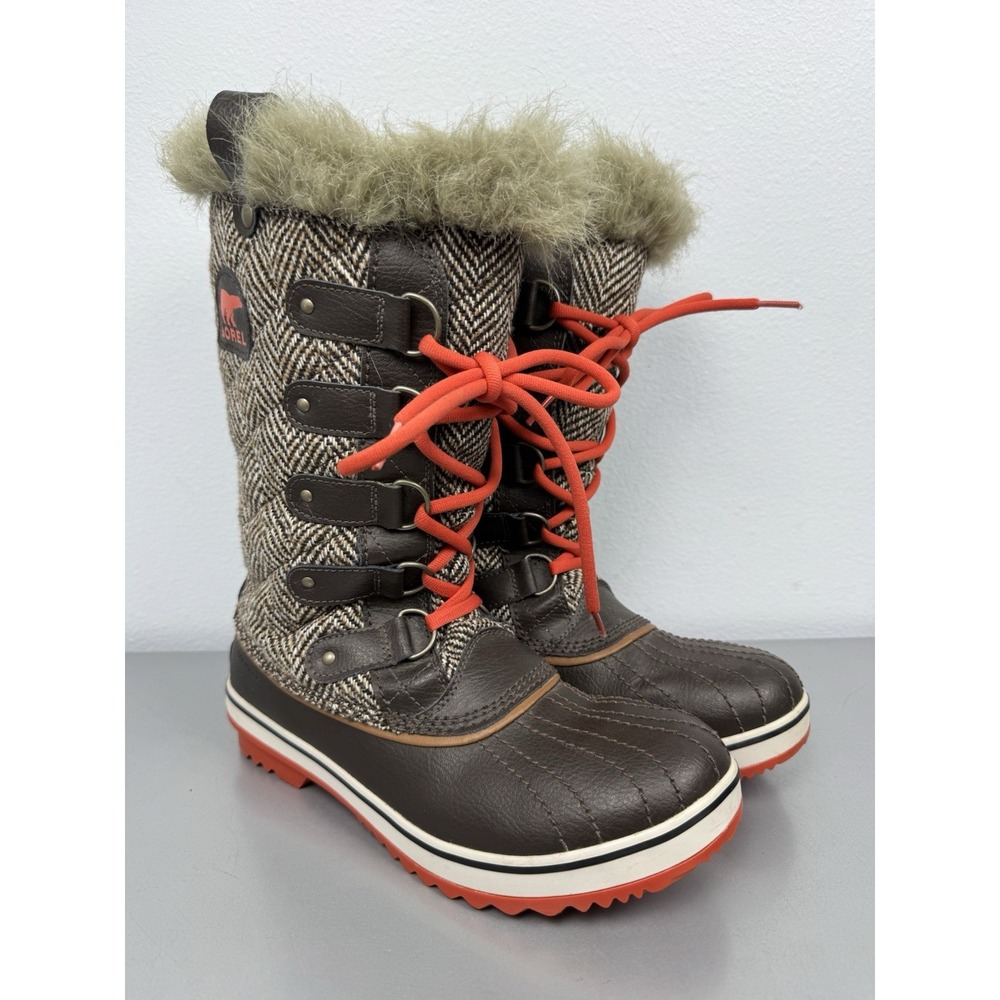 SOREL Tofino II Boots Womens 9 Snow Winter Insulated Faux Fur Brown Red Lace Up